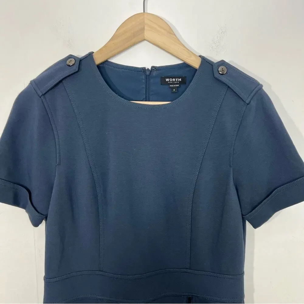 Worth New York Blue Zipper Front Ponte Knit Cuffed Short Sleeve Dress Size 6